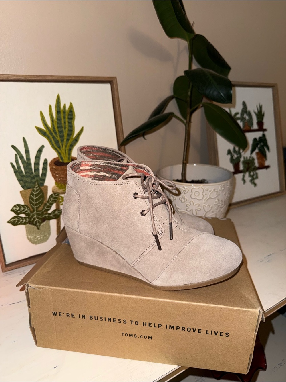 Toms Light Taupe Suede Lace-Up Wedge Ankle Boots